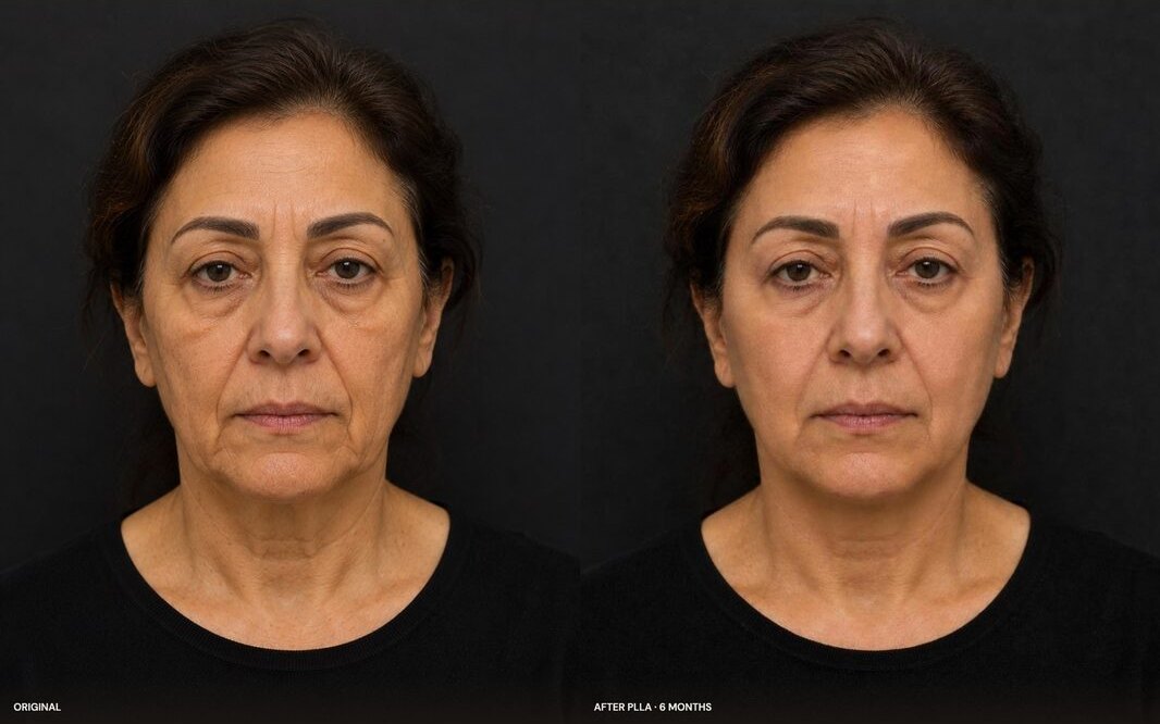 A photo and an AI preview six months after Sculptra